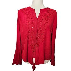 Chico's Size 1 Medium Embroidery Red Tie Front Long Sleeve Top Cottagecore